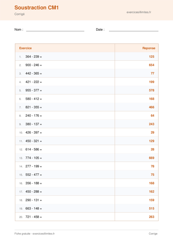 Fiche soustraction cm1 a imprimer - Corrigé