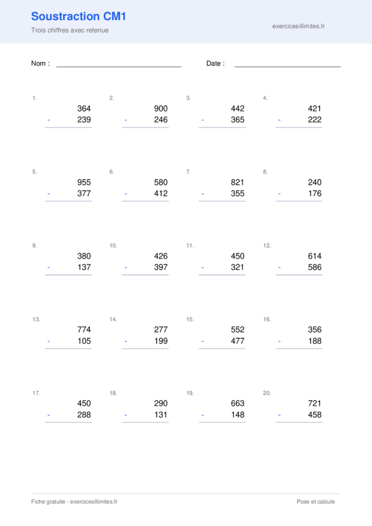Fiche soustraction cm1 a imprimer - Trois chiffres avec retenue