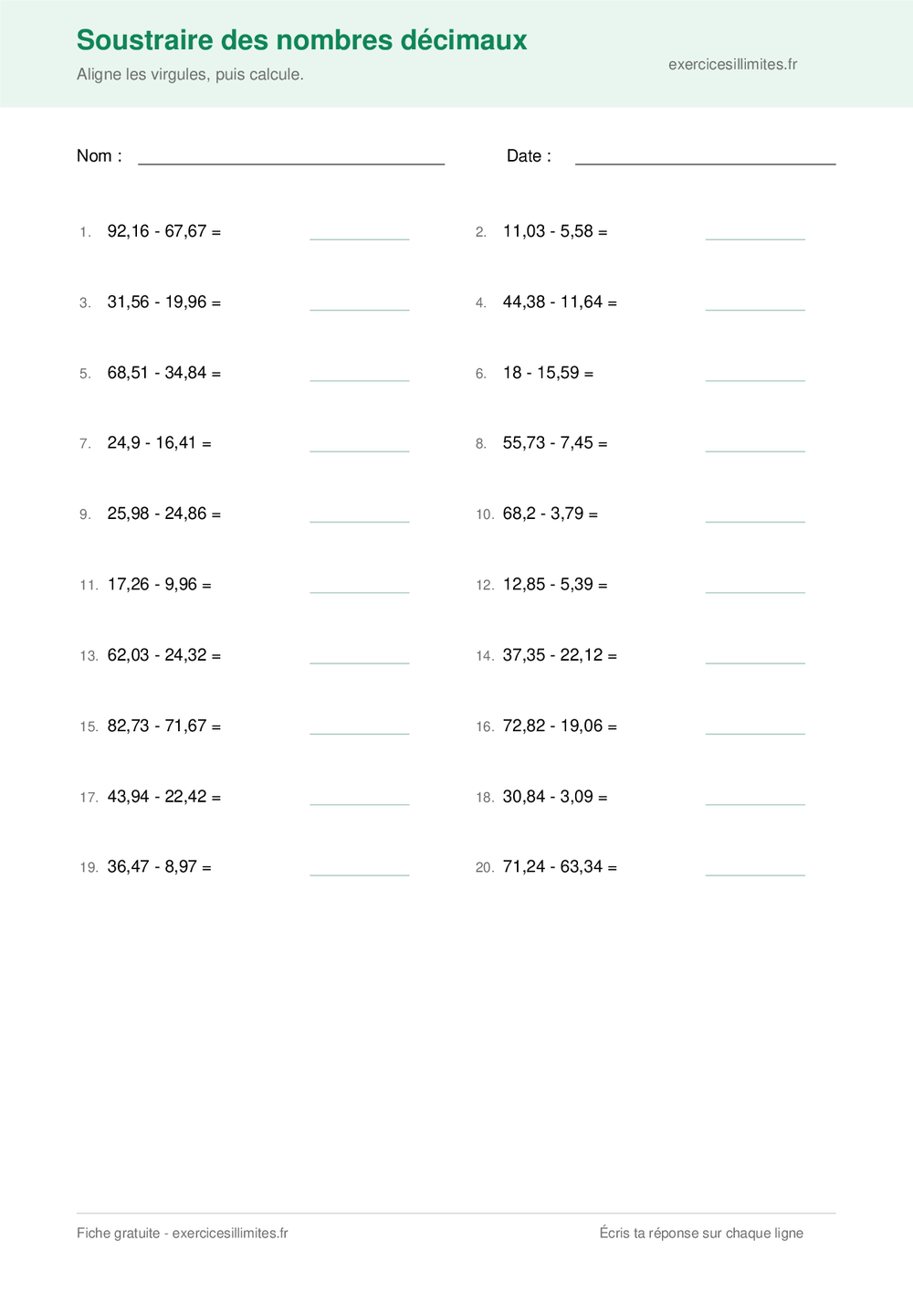 Fiche CM2 de vingt soustractions de nombres décimaux