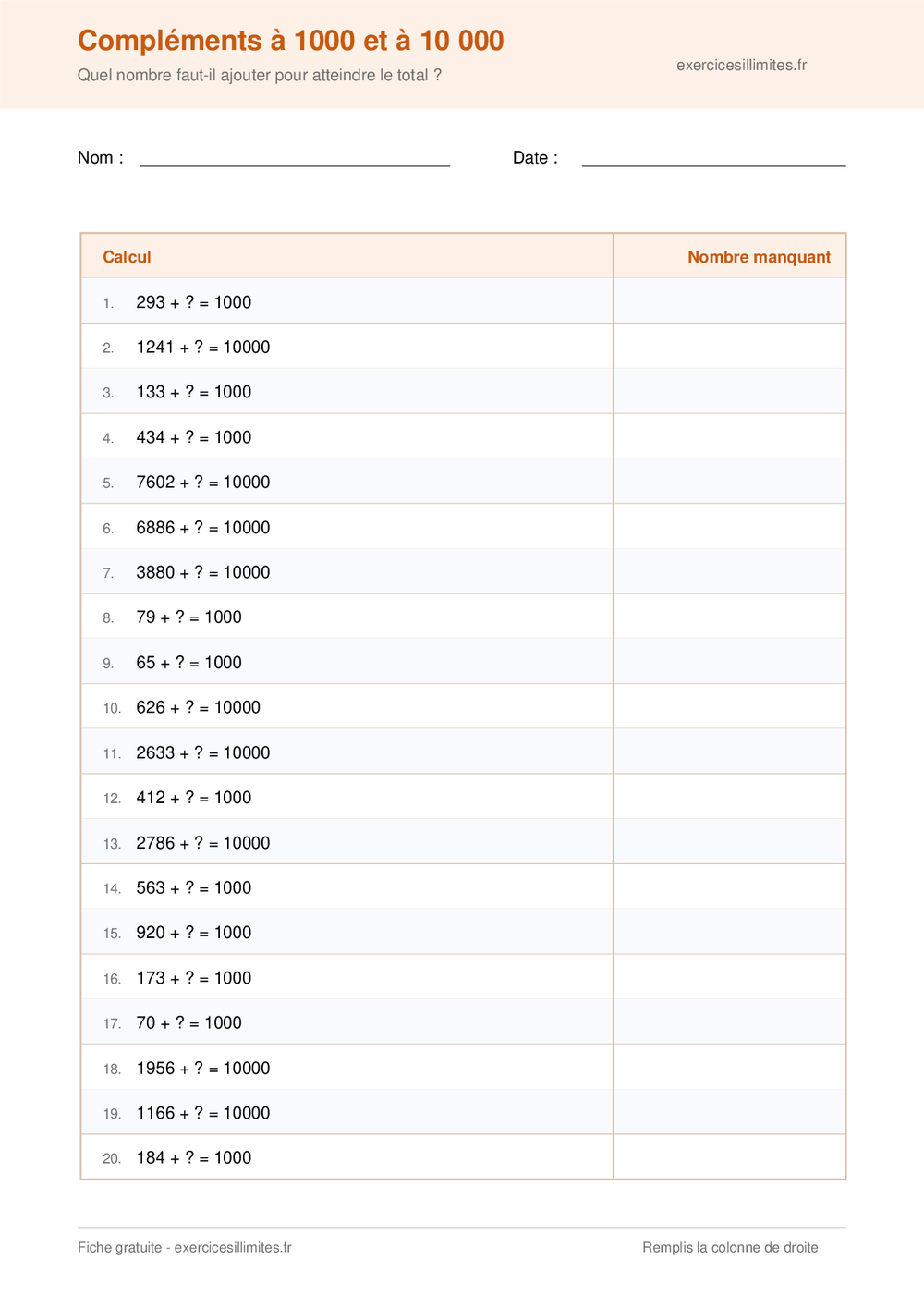 Fiche CM2 de vingt compléments à 1000 et à 10 000