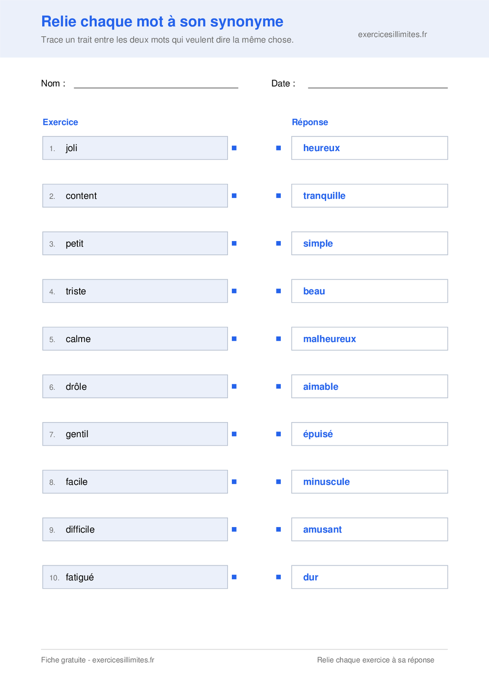 Fiche CE2 pour relier chaque mot à son synonyme
