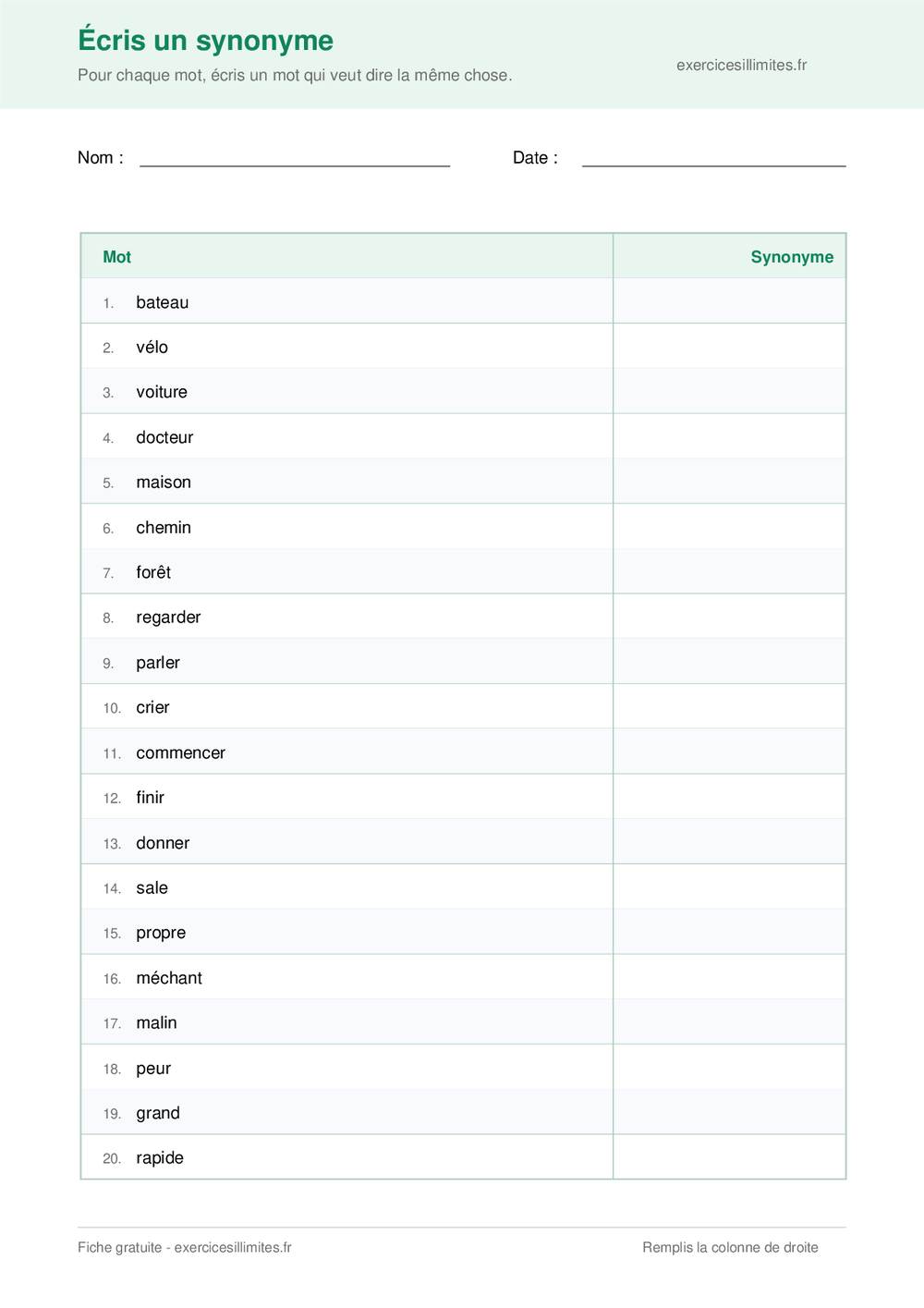 Fiche CE2 où l’élève écrit un synonyme pour chaque mot