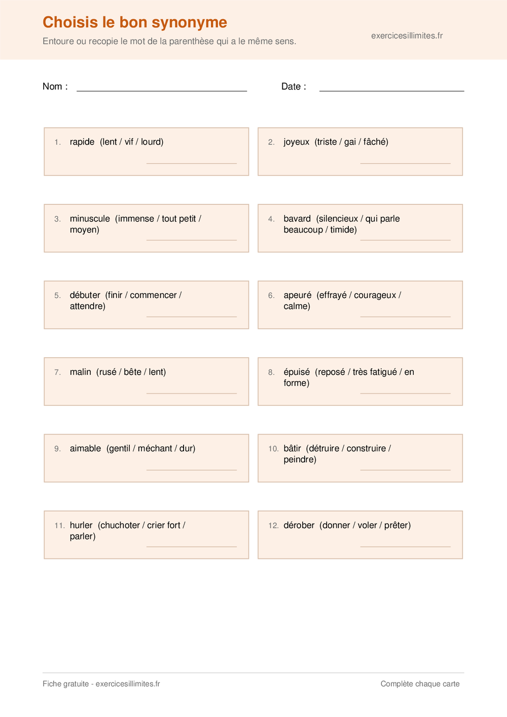 Fiche CE2 pour choisir le bon synonyme parmi trois propositions