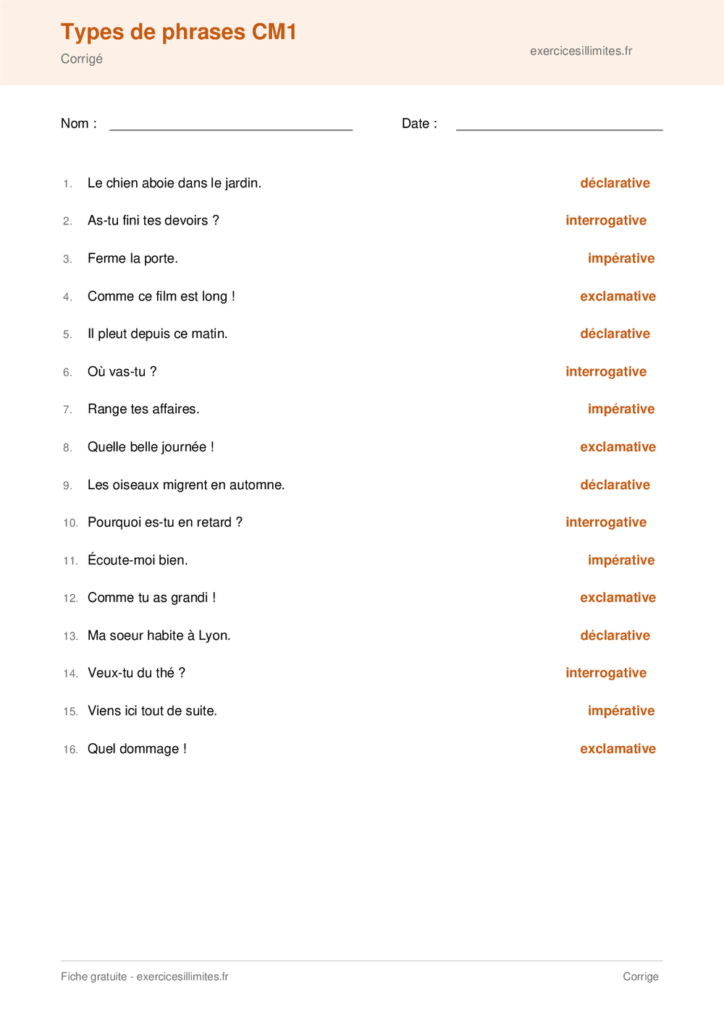 Fiche types de phrases cm1 a imprimer - Corrigé