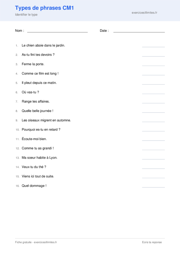 Fiche types de phrases cm1 a imprimer - Identifier le type
