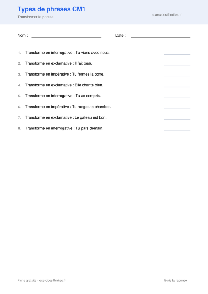 Fiche types de phrases cm1 a imprimer - Transformer la phrase